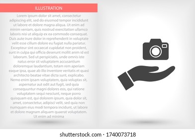 Icono de cámara en la mano, lorem ipsum Diseño plano