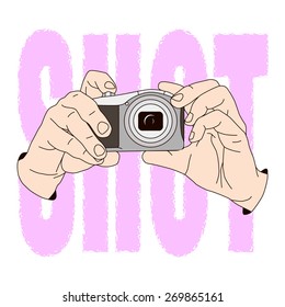 Camera in hands. Vector illustration, icon, element for design or a trendy print.