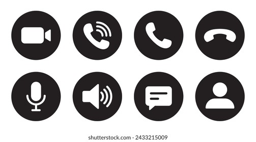 Camera, handset, microphone, speaker, message, and profile icon vector. Video call screen template ui