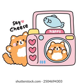 Kamera haben niedlichen Fisch und Katze Gruß Bild Cartoon.Take ein Foto.Fotograf.Say Käse.Miau.Herz handgezeichnet.Tier Charakter Cartoon Design.Kawaii.Vector.Illustration.