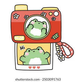 Camera have cute frog greeting picture cartoon.Take a photo.Photographer.Flower and leaf.Reptile animal character cartoon design.Kawaii.Vector.Illustration.