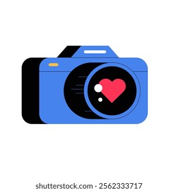 Camera With Heart In Flat Vector Illustration Symbolizing Photography, Creativity, And Passion, Isolated On White Background.