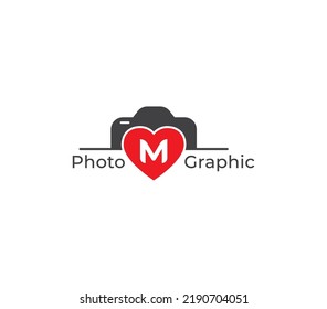 Camera Heart Logo Concept sign icon symbol Design Line Art Style with Letter M. Photography, Photographer Logotype. Vector illustration logo template