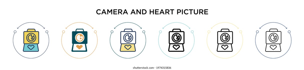 Camera and heart picture icon in filled, thin line, outline and stroke style. Vector illustration of two colored and black camera and heart picture vector icons designs can be used for mobile, ui,