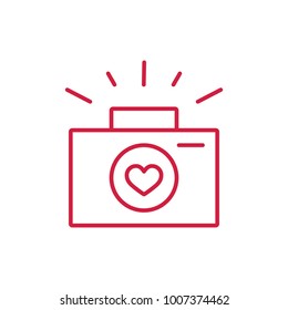 camera with heart red line icon on white background