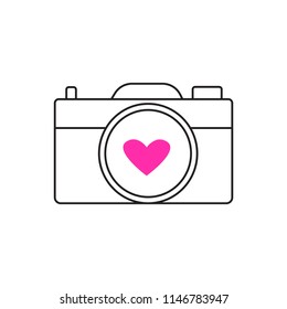 Camera with a heart sign; vector icon,  graphic symbol isolated on white. A logo for a wedding photorgapher. 