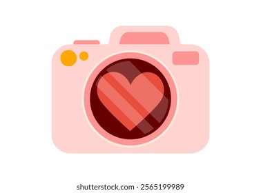 Camera with heart symbol. Love lens. Photography wedding or love story. Romantic symbol. Valentine's day element. Flat Vector illustration isolated on white background