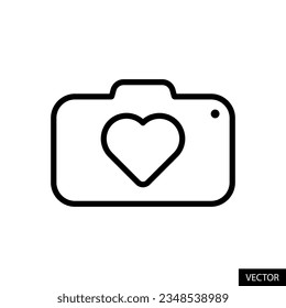 Cámara con símbolo del corazón, icono del vector de la fotografía de amor en el diseño de estilo de línea para sitio web, app, ui, aislado en fondo blanco. Trazo editable. Ilustración vectorial EPS 10.