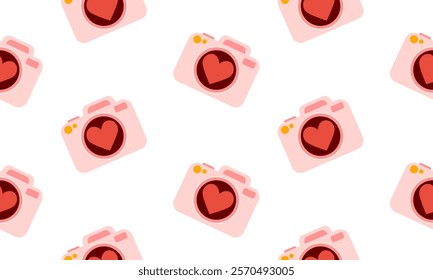 Camera with heart symbol Seamless pattern. Love lens. Photography wedding or love story. Romantic symbol. Valentine's day background. Flat Vector illustration