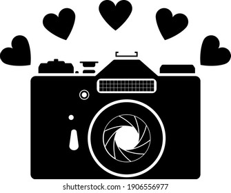 Camera With Hearts Icon. Black Stencil Design. Vector Illustration.