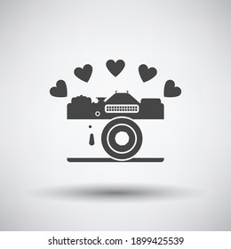 Camera With Hearts Icon. Dark Gray on Gray Background With Round Shadow. Vector Illustration.