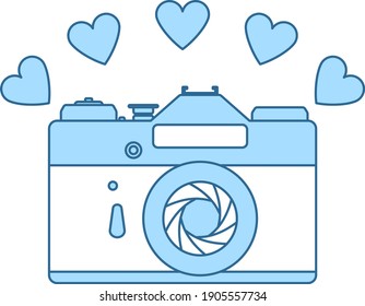 Camera With Hearts Icon. Thin Line With Blue Fill Design. Vector Illustration.