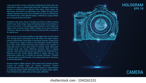 The camera is a hologram. Digital and technological background camera. Futuristic camera design