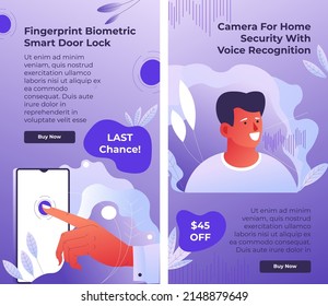 Cámara para casa, seguridad con reconocimiento de voz. Bloqueo de puerta inteligente biométrico con huellas dactilares. Sistema inteligente y equipo para la seguridad en el hogar. Plantilla de página de aterrizaje en línea del sitio web, vector en estilo plano