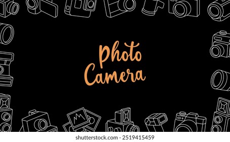 Camera horizontal banner. Photo studio set. Lens with shutters, video and action cam, instant camera, film strips, photo frames, external flash.