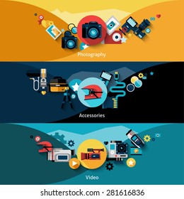 Camera horizontal banners set with video and photography accessories isolated vector illustration