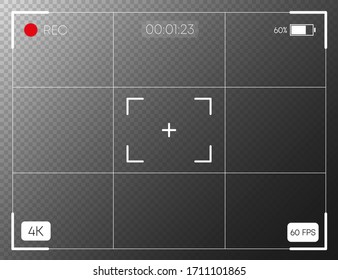 Camera horizontal viewfinder template on transparent background. 4K video recording screen. Vector illustration.