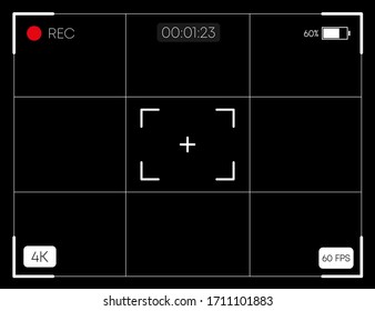 Camera horizontal viewfinder template on black background. 4K video recording screen. Vector illustration.