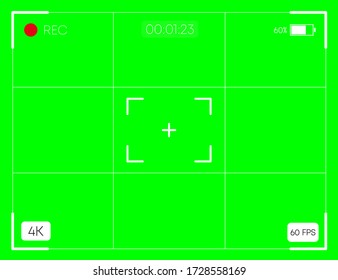 Camera horizontal viewfinder template on green background. 4K video recording screen. Vector illustration.