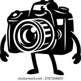 A camera with human arms legs and a smiling face on its body