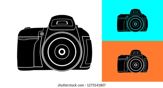 Camera icon in black on a white background with a substrate and examples of use.