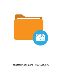 camera icon in blue circle and orange folder with paper.