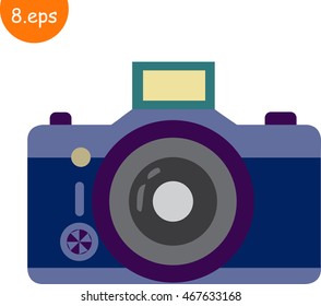 Camera Icon. Blue colour. Retro camera in a flat style. Vector illustration