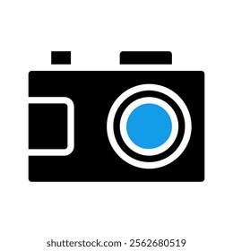 Camera icon with blue lens. Concept of photography, technology, and art.