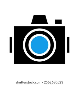 Camera icon with blue lens. Concept of photography, creativity, and technology.