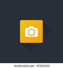 camera icon or button in flat style with long shadow, isolated vector illustration on yellow transparent background