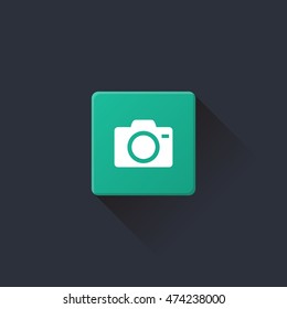 camera icon or button in flat style with long shadow, isolated vector illustration on green transparent background