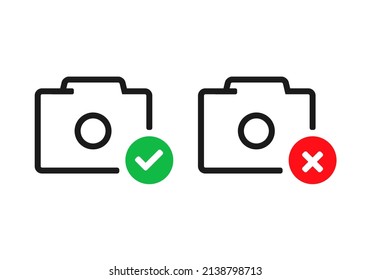 Camera icon with checkmark and cross mark. Vector illustration