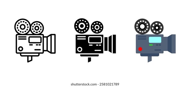 Camera icon. Classic film recording sign. Retro movie equipment symbol. Vintage cinematography pictogram. Professional filmmaking illustration.