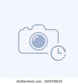Camera icon with clock sign. Camera icon and countdown, deadline, schedule, planning concept. Vector icon