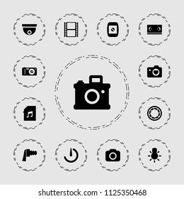 Camera icon. collection of 13 camera filled icons such as film tape, movie tape. editable camera icons for web and mobile.
