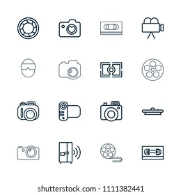 Camera icon. collection of 16 camera outline icons such as film tape, intercom, movie tape. editable camera icons for web and mobile.