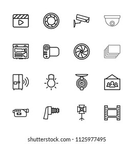 Camera icon. collection of 16 camera outline icons such as movie tape, movie clapper, soft box, photo, intercom. editable camera icons for web and mobile.