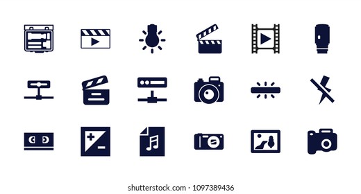 Camera icon. collection of 18 camera filled icons such as picture, movie clapper, light exposure, no flash, clapper board, film tape. editable camera icons for web and mobile.