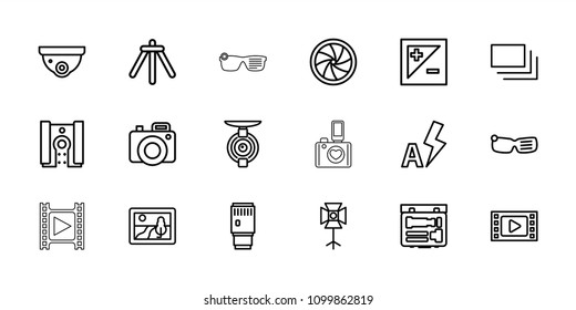 Camera icon. collection of 18 camera outline icons such as picture, movie tape, smart glasses, soft box, light exposure, burst. editable camera icons for web and mobile.