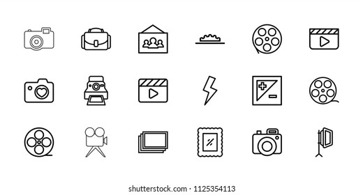 Camera icon. collection of 18 camera outline icons such as photos, movie tape, clapper board, movie clapper, soft box. editable camera icons for web and mobile.