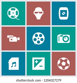 Camera icon. collection of 9 camera filled icons such as movie tape, light exposure, man in smart glasses, film tape. editable camera icons for web and mobile.