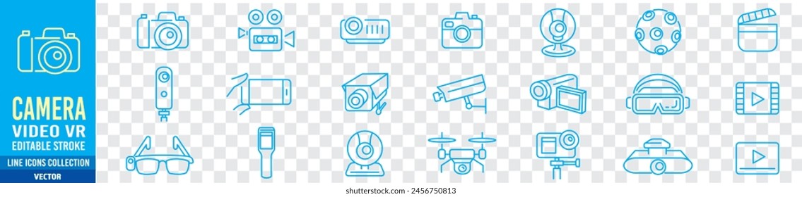 Ilustración vectorial de colección de iconos de cámara. Iconos de línea. Trazo editable. Iconos lineales. 