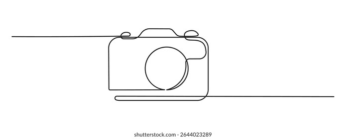 Camera icon in continuous line drawing style. Minimalist photo camera in black linear sketch isolated on white background. Vector illustration