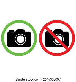 camera icon in crossed out red circle and photo camera in green circle,no photography prohibition sign and photos  allowed vector flat illustration isolated on white background