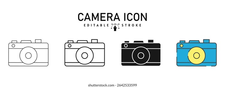 camera icon in different style vector illustration. two colored and black camera vector icons designed in filled, outline, line and stroke style used for web, mobile, ui