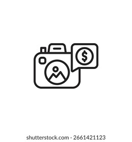 A camera icon displaying a landscape image on its screen, with a speech bubble containing a dollar sign ($) next to it. Represents selling photos, monetizing photography.