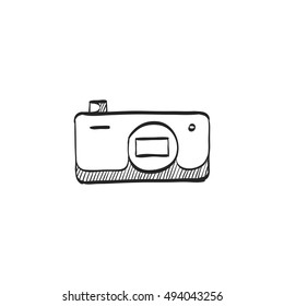 Camera icon in doodle sketch lines. Photography picture electronic imaging pocket compact affordable cheap