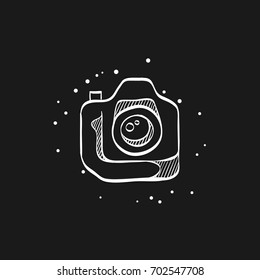 Camera icon in doodle sketch lines. Photography picture electronic imaging digital SLR reflex
