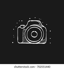 Camera icon in doodle sketch lines. Photography picture electronic imaging