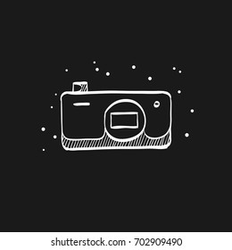 Camera icon in doodle sketch lines. Photography picture electronic imaging pocket compact affordable cheap